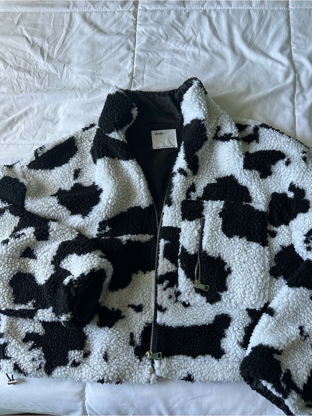 Elodie Black & White Cow-Pattern Sherpa Jacket